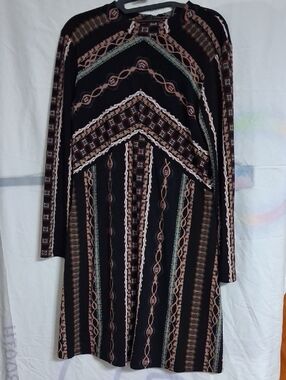 Free People Black Brown Patterned Long Sleeve Dress